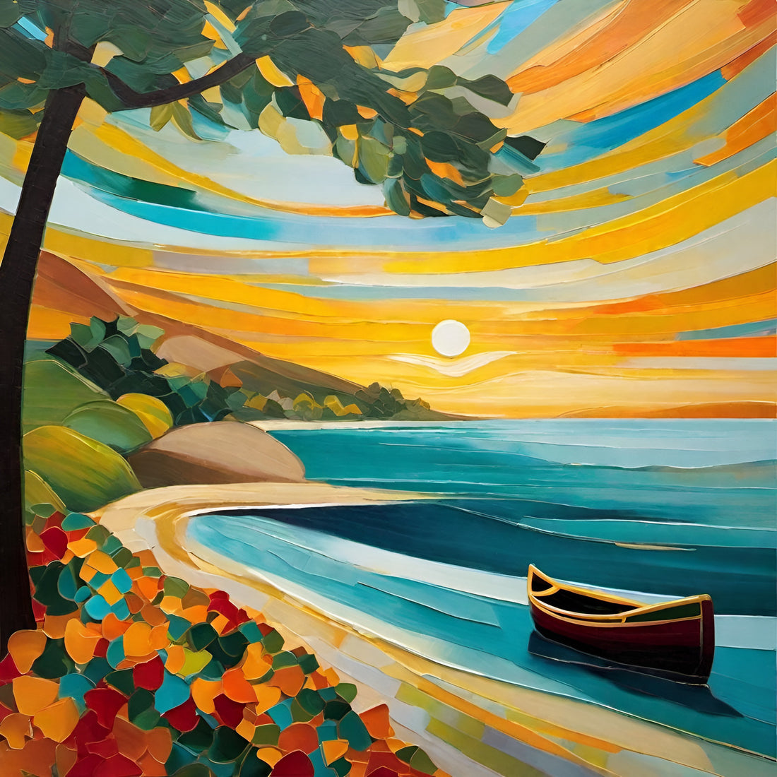 Painting of a serene boat by the beach, bathed in the golden hues of sunrise, symbolizing the themes of Hemingway's The Sun Also Rises. Found only at Kadri Books.