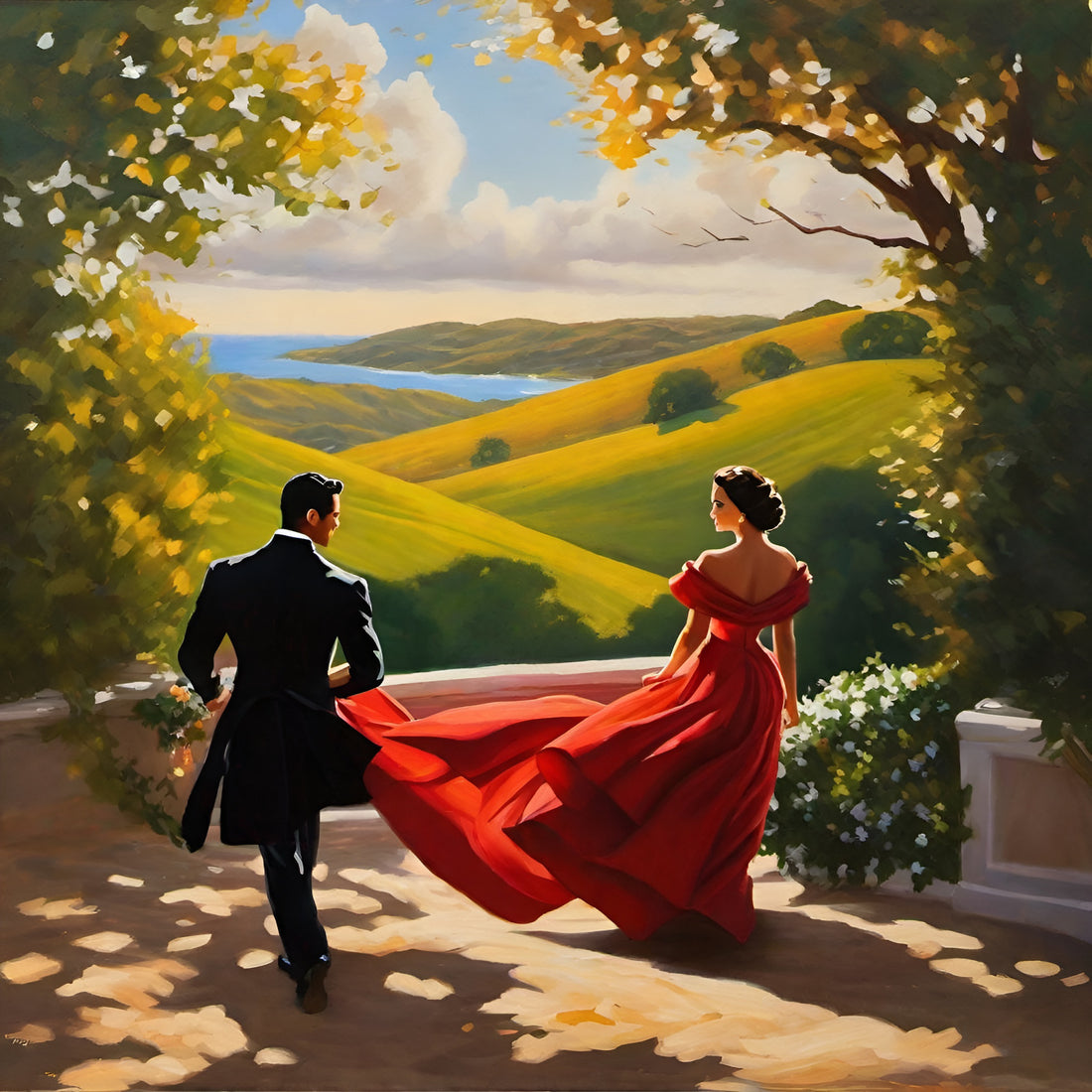 Man and woman standing together, reminiscent of Scarlett O'Hara and Rhett Butler, against a breathtaking backdrop inspired by Gone with the Wind.