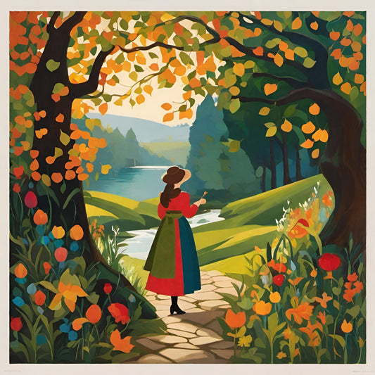 Impressionistic art piece depicting a woman in a red dress and hat standing under a tree by a river, immersed in a vibrant landscape inspired by Brothers Grimm stories. The abstract use of colors evokes a sense of nature and fairy tale wonder.