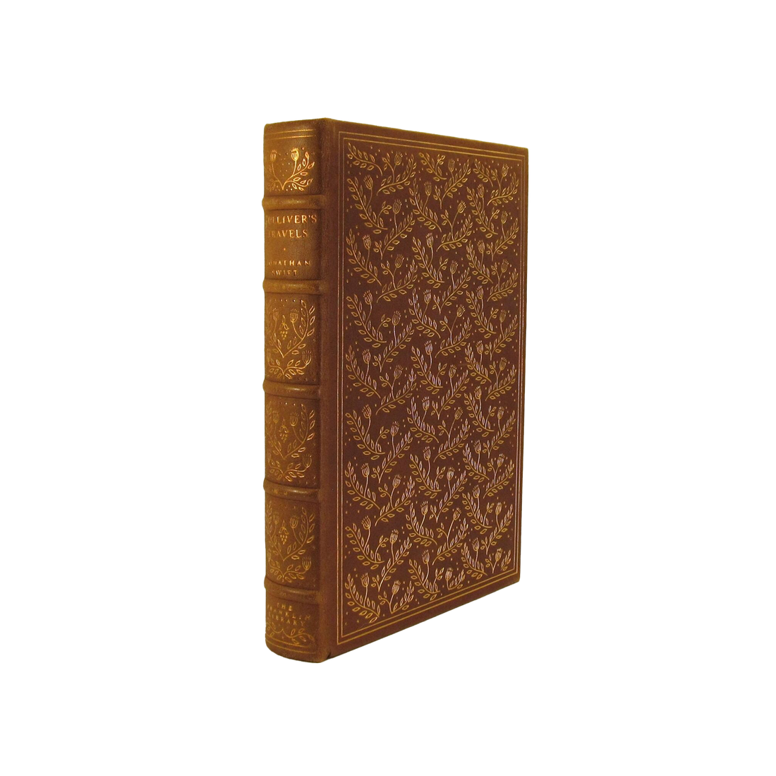 Leatherbound edition of Gulliver's Travels by Jonathan Swift with intricate cover detailing, available exclusively at Kadri Books.