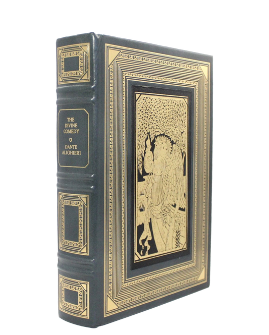 Leatherbound edition of 'The Divine Comedy' by The Franklin Library/Oxford Press, featuring intricate gold detailing on its spine and cover, exemplifying the union of literary brilliance and masterful craftsmanship